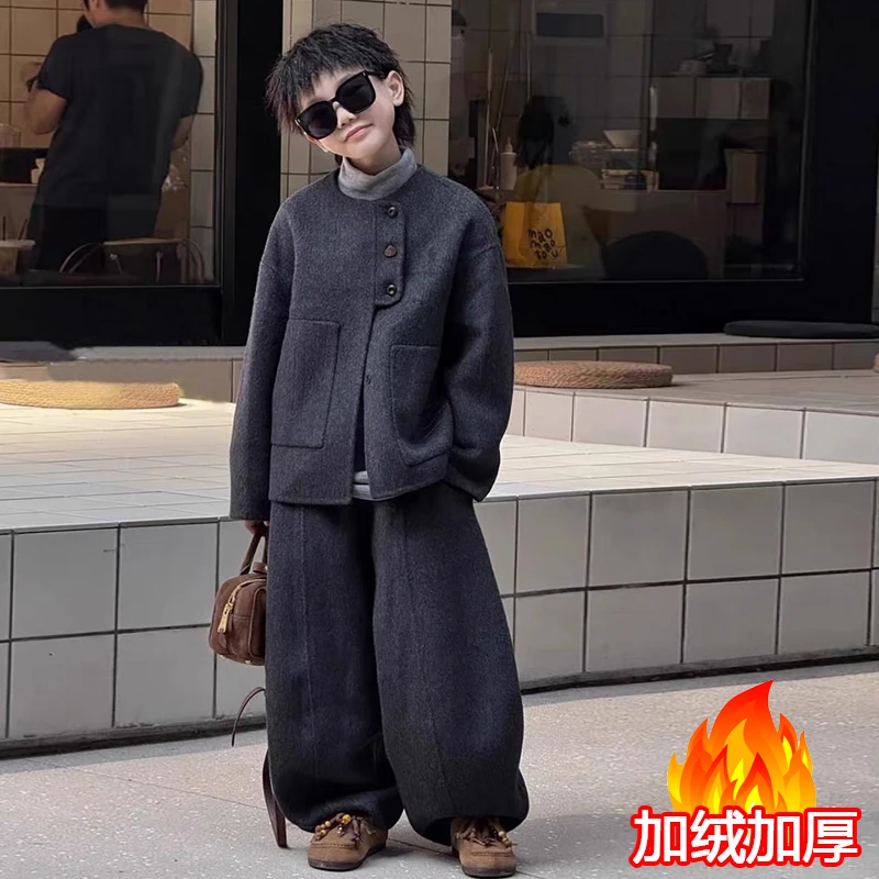 儿童冬季年服套装男童2025秋冬加厚外套阔腿裤宝宝洋气时髦潮酷