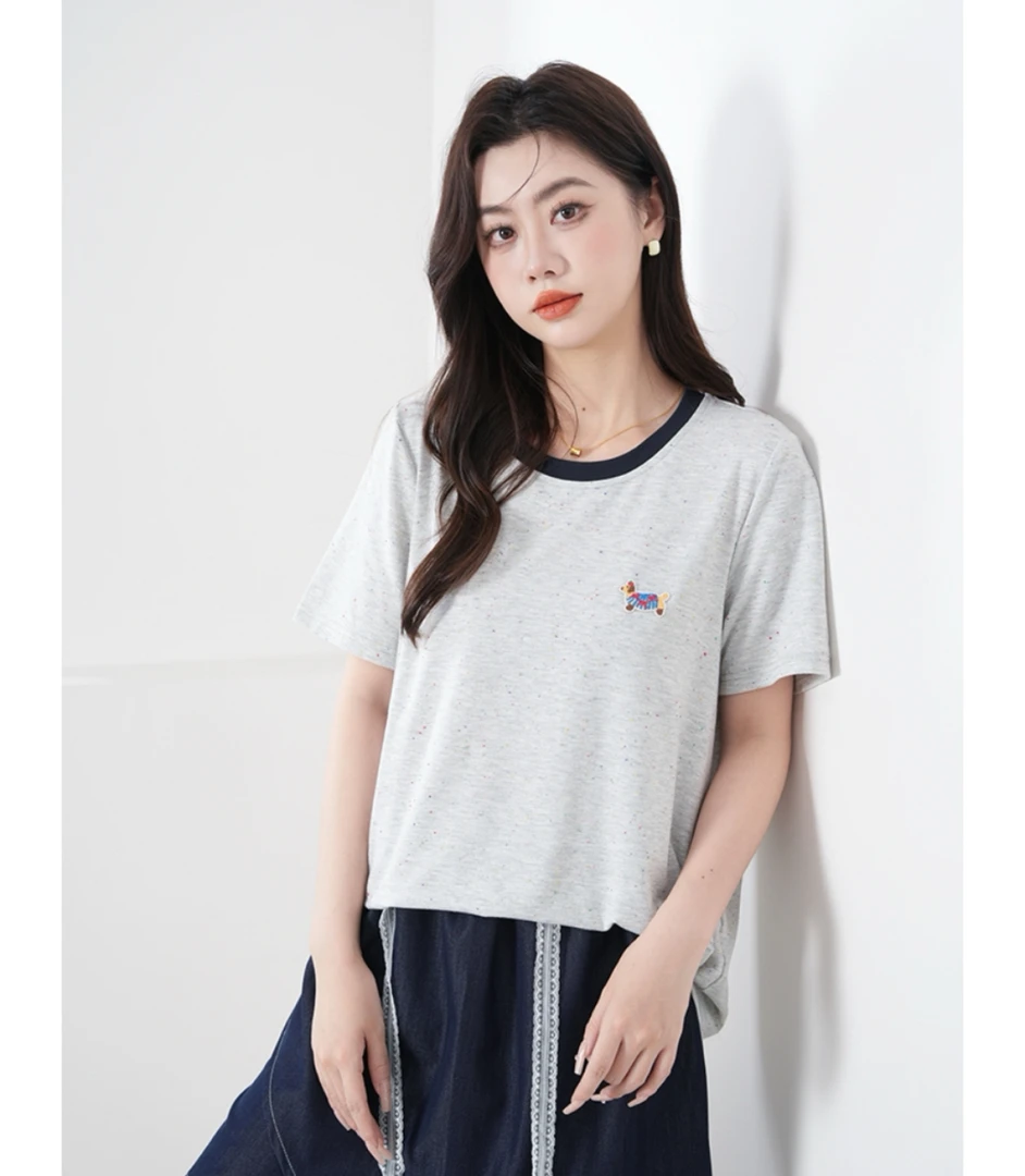 25孕妇新款夏季彩虹点点撞色圆领腊肠狗T恤针织时尚休闲百搭