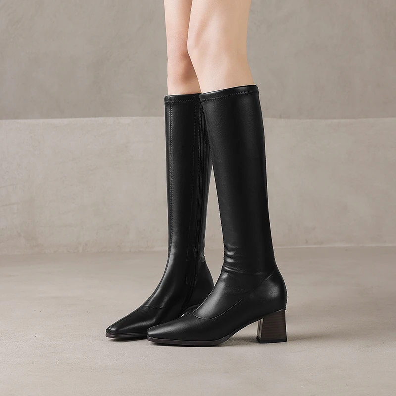 5.5cm复古风高跟弹力长靴骑士高跟粗跟百搭方头秋冬加绒瘦瘦靴