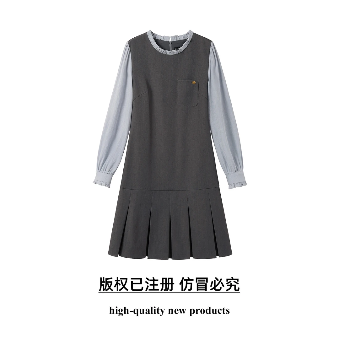 【奢姿】大码女装2025秋季胖妹妹时尚撞色设计气质花边装领连衣裙