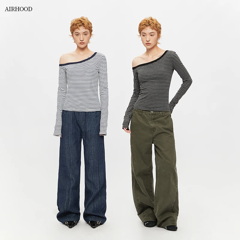 AIRHOOD 时尚斜领条纹长袖T恤女秋季修身显瘦露肩性感上衣C5393