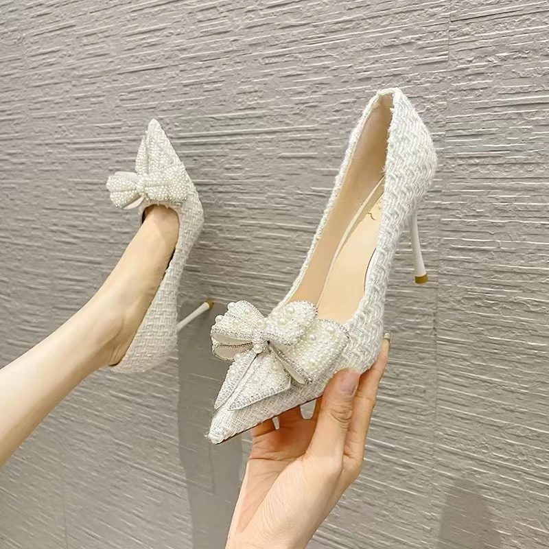 珍珠蝴蝶结白色高跟鞋女细跟2025新款春夏小香风网红气质尖头单鞋