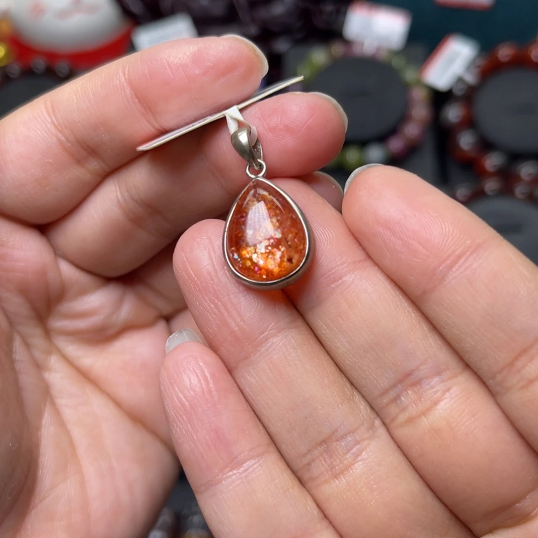 长石手链银S925镶嵌金太阳吊坠