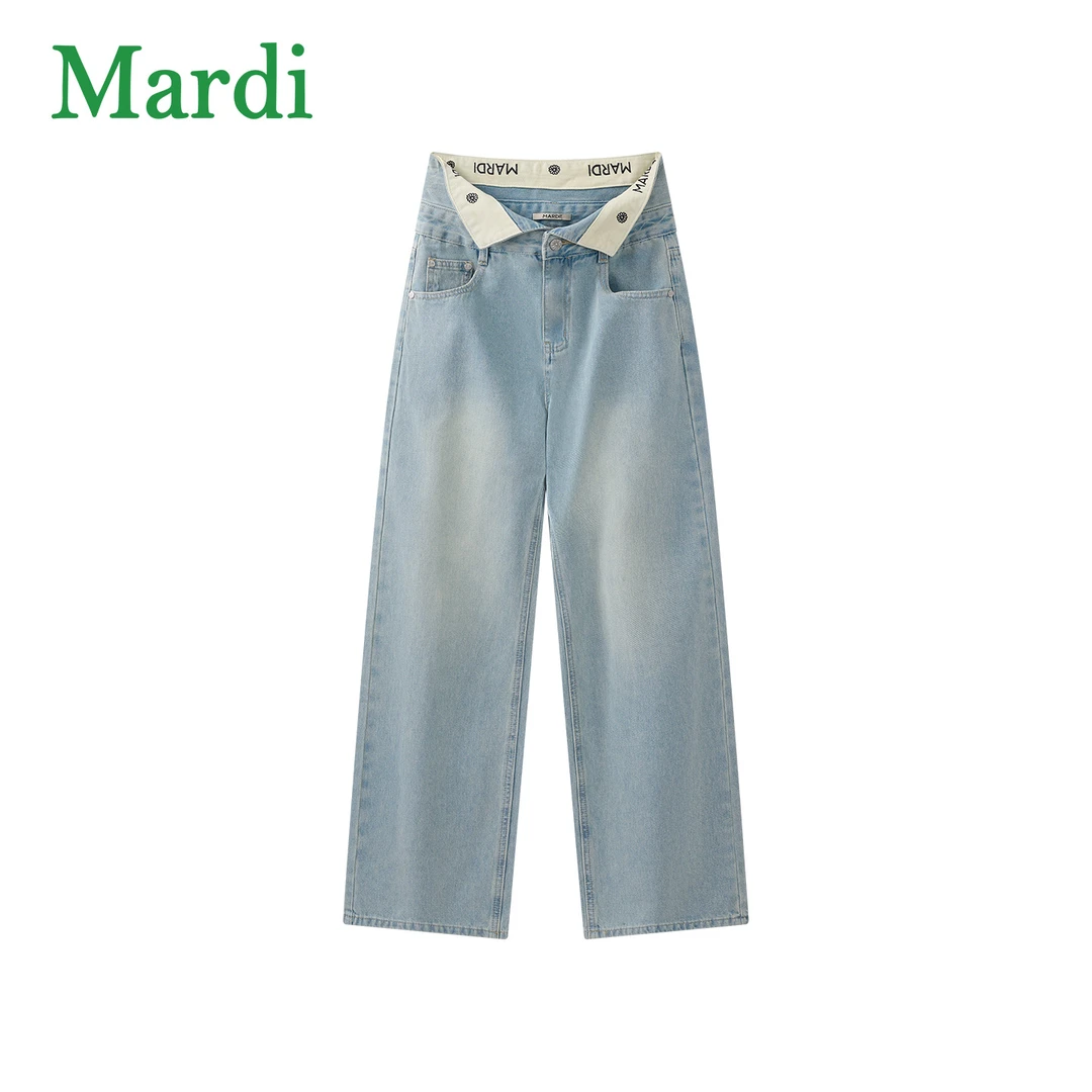 Mardi轻职风翻边款高腰牛仔裤春季百搭裤子长裤破洞直筒