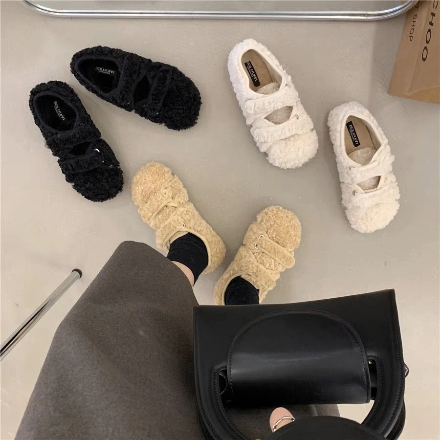网红毛毛鞋女冬外穿2025秋冬新款百搭加绒保暖一脚蹬魔术贴豆豆鞋