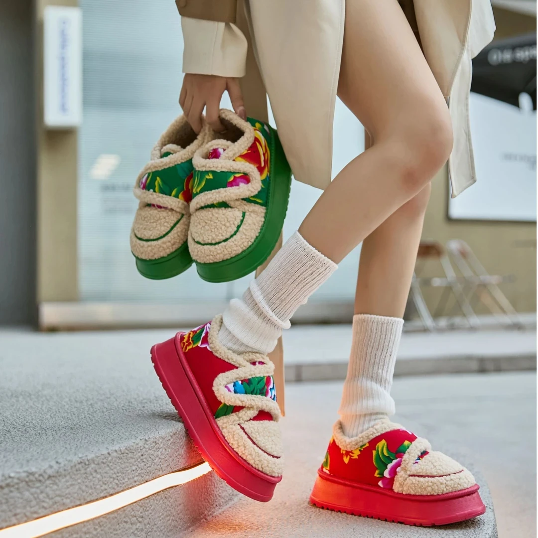 东北大花拖鞋新款中国风网红情侣防滑碎花毛线棉拖男女室内室外