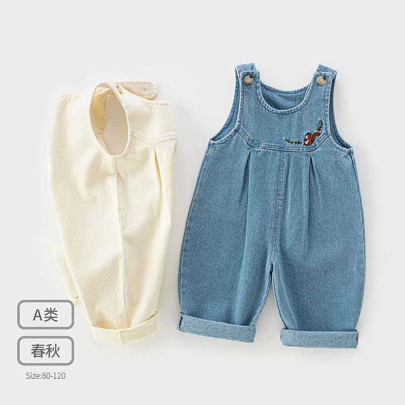 宝宝春秋软牛仔背带裤男童宽松裤子可开档洋气婴儿女童连体裤6644