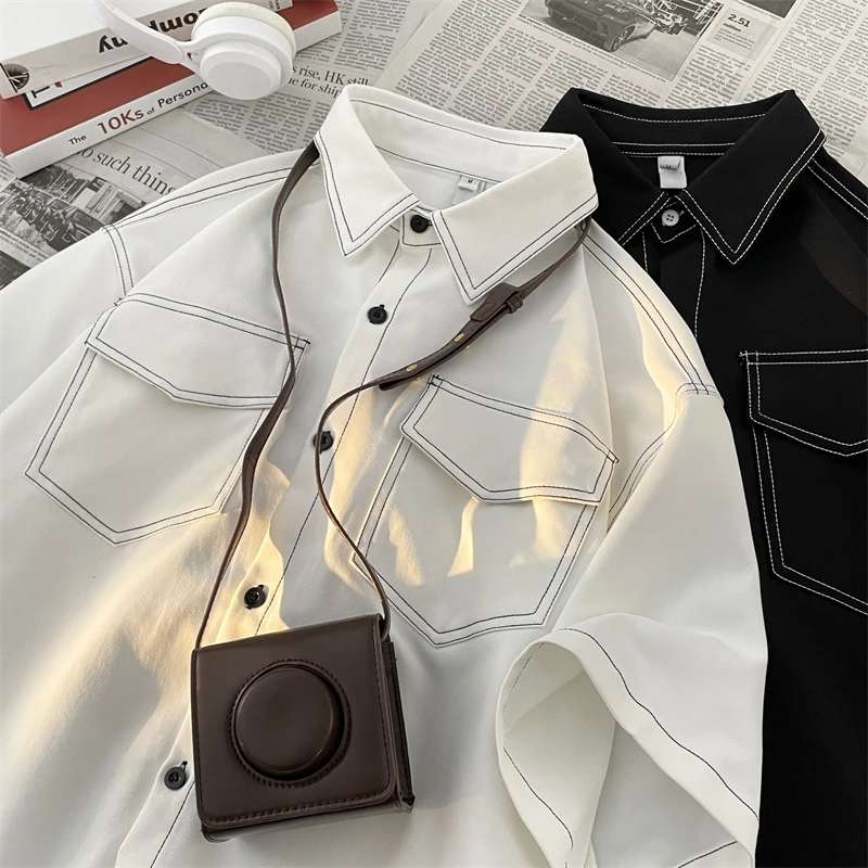 美式高街工装衬衫男短袖夏季潮牌痞帅小众设计感宽松大码半袖衬衣