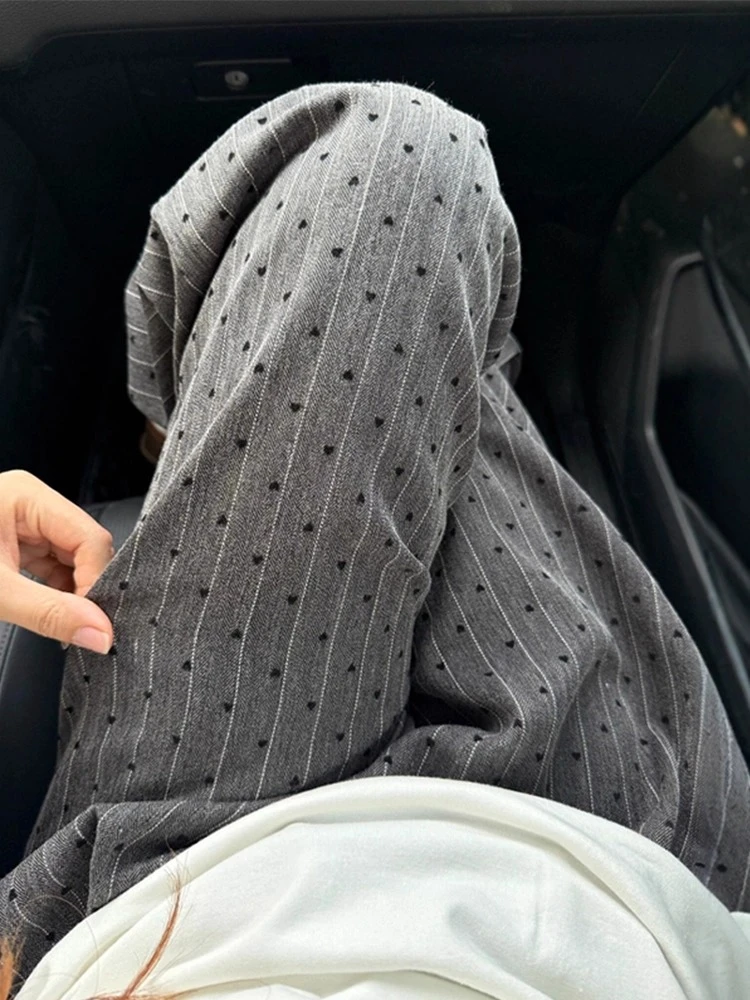 灰色爱心波点条纹阔腿裤子大码女胖mm显瘦夏季直筒休闲拖地长裤潮
