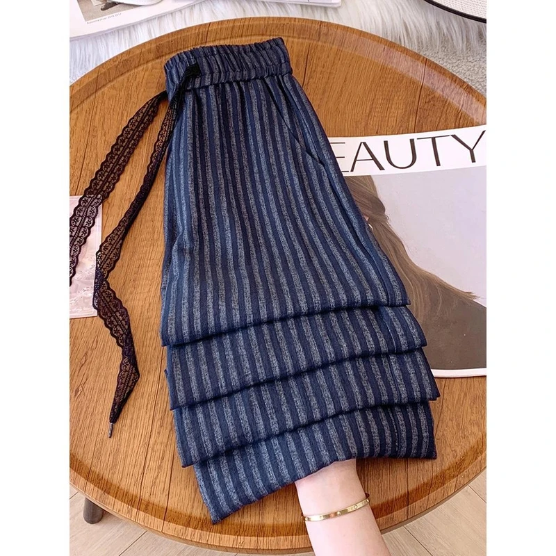 拉夏贝尔条纹直筒裤女夏薄款2025新款显瘦裤宽松慵懒风蕾丝阔腿裤