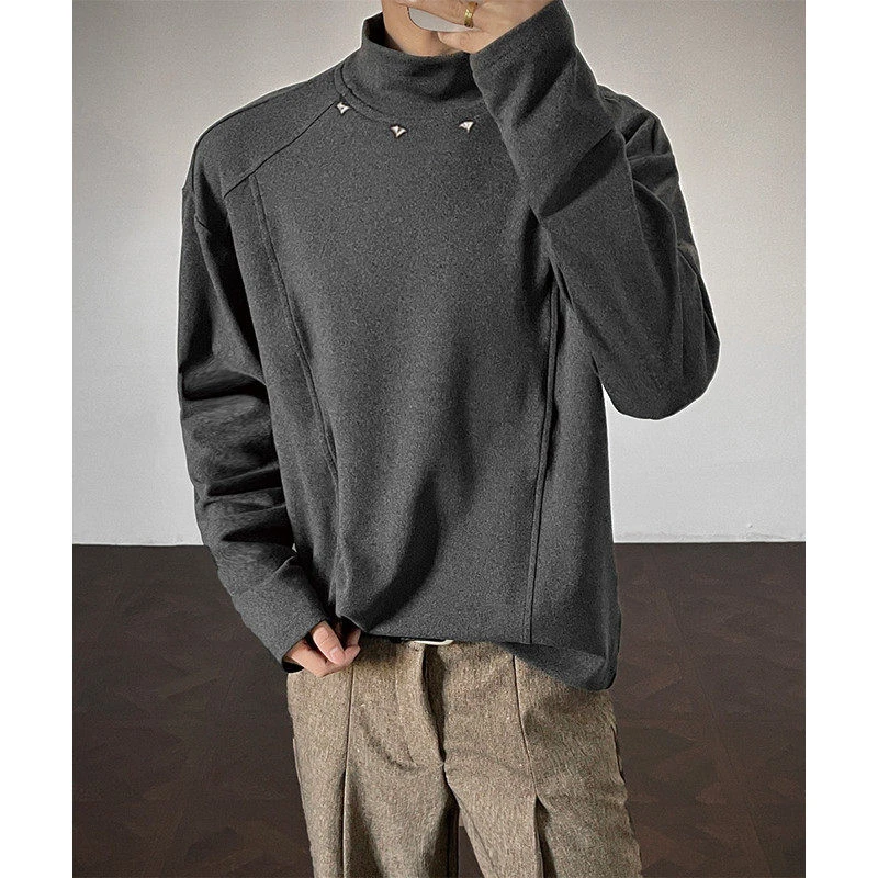 半高领铆钉德绒打底衫男款秋冬季美式潮牌高级感重磅内搭长袖t恤