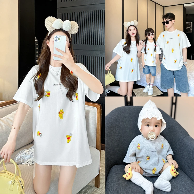 2025夏装新款亲子装一家三口卡通熊短袖T恤婴童爬服连体衣6654