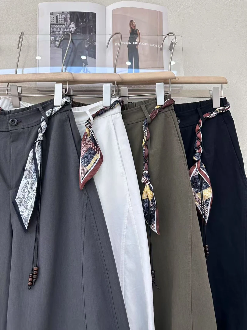 蕾蕾严选8726慵懒松弛感丝巾腰带直筒阔腿休闲裤