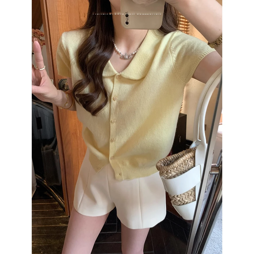 独特超好看黄色娃娃领针织冰丝短袖t恤女夏季小个子短款正肩上衣
