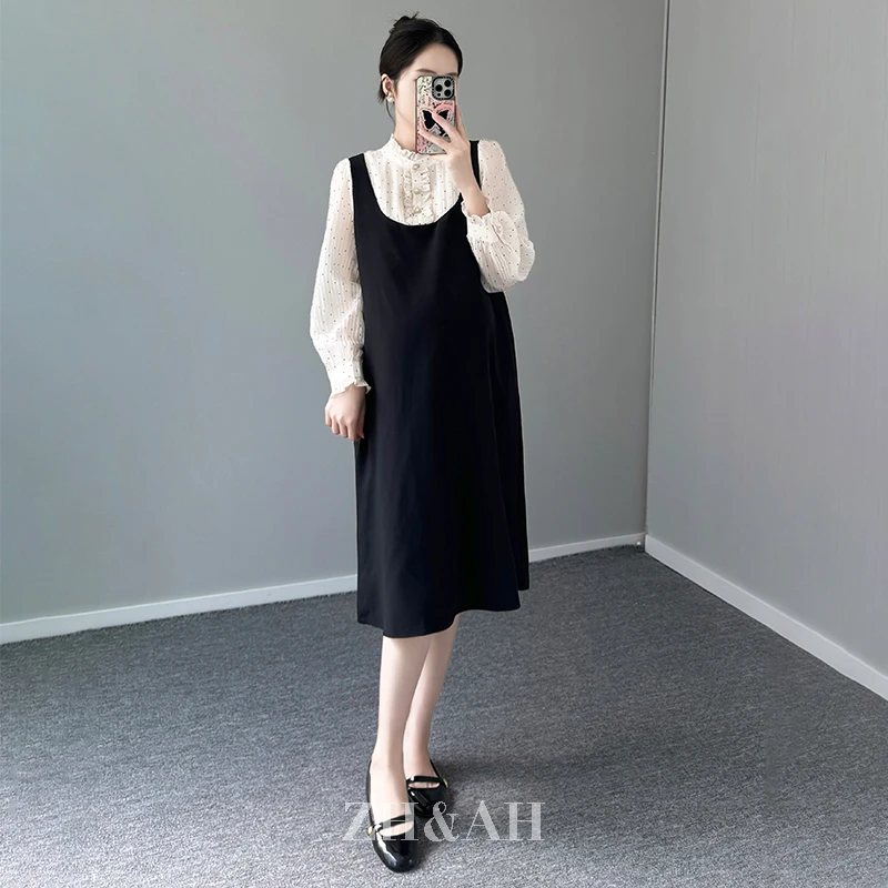 ZH&AH【宫廷小香】秋季新款气质百搭孕期天丝宫廷风波点小香连衣裙