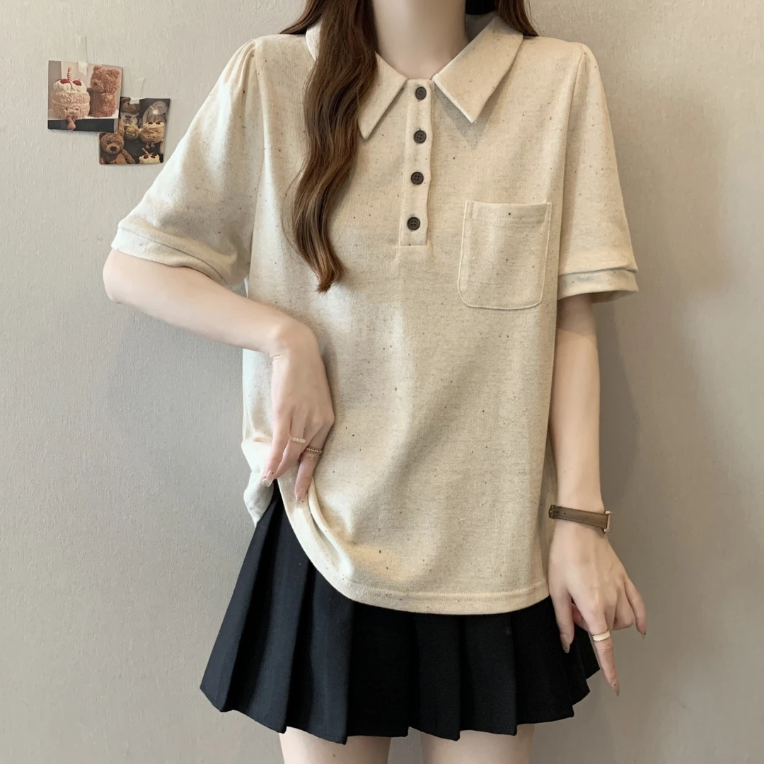 大码polo领设计感短袖T恤女夏季新款胖妹妹宽松显瘦时尚百搭上衣