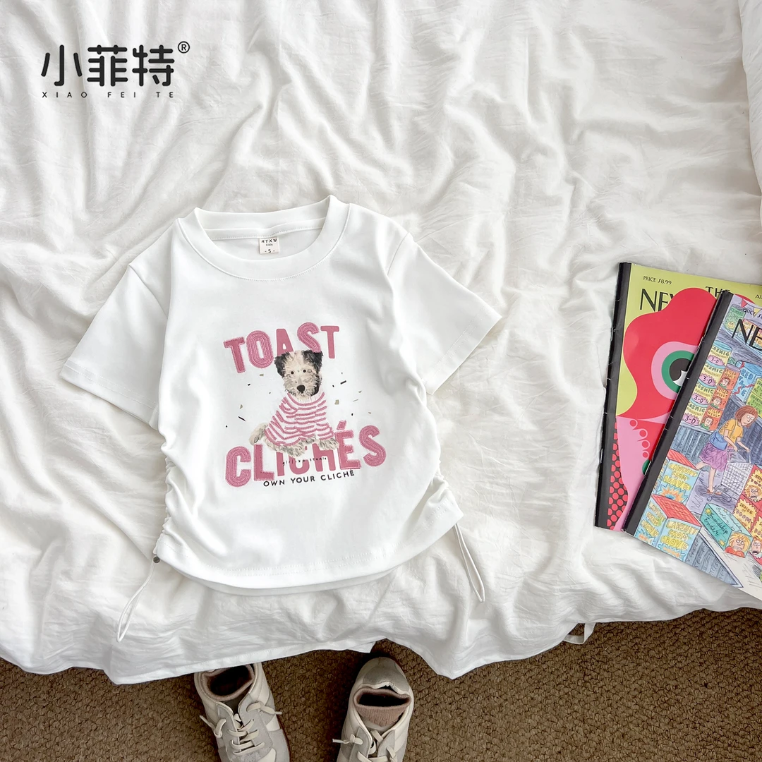 （现货）女童夏季抽绳收腰短袖t恤圆领韩版女孩半袖HTYXW55882