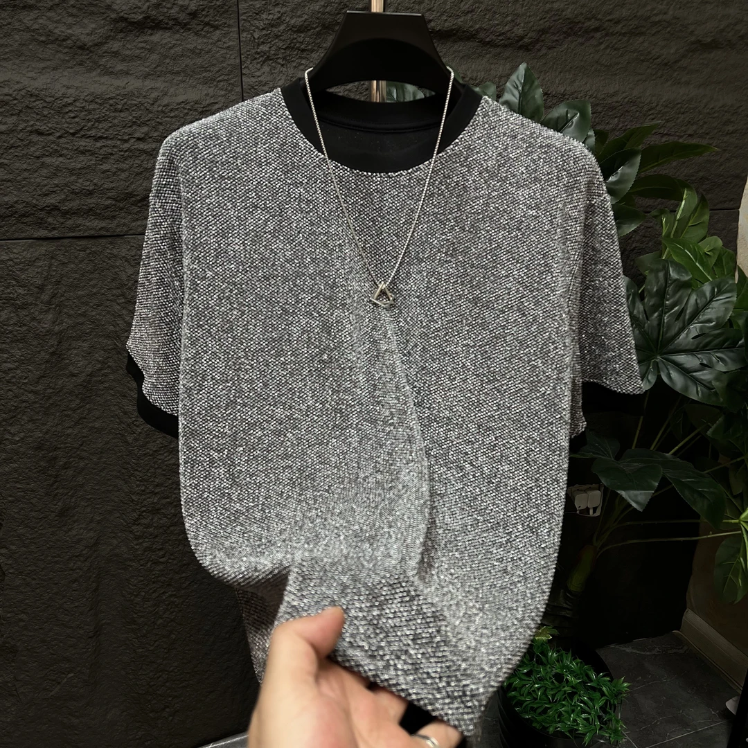 2025夏季新款纯色针织男士上衣百搭潮流休闲满天星肌理感短袖T恤