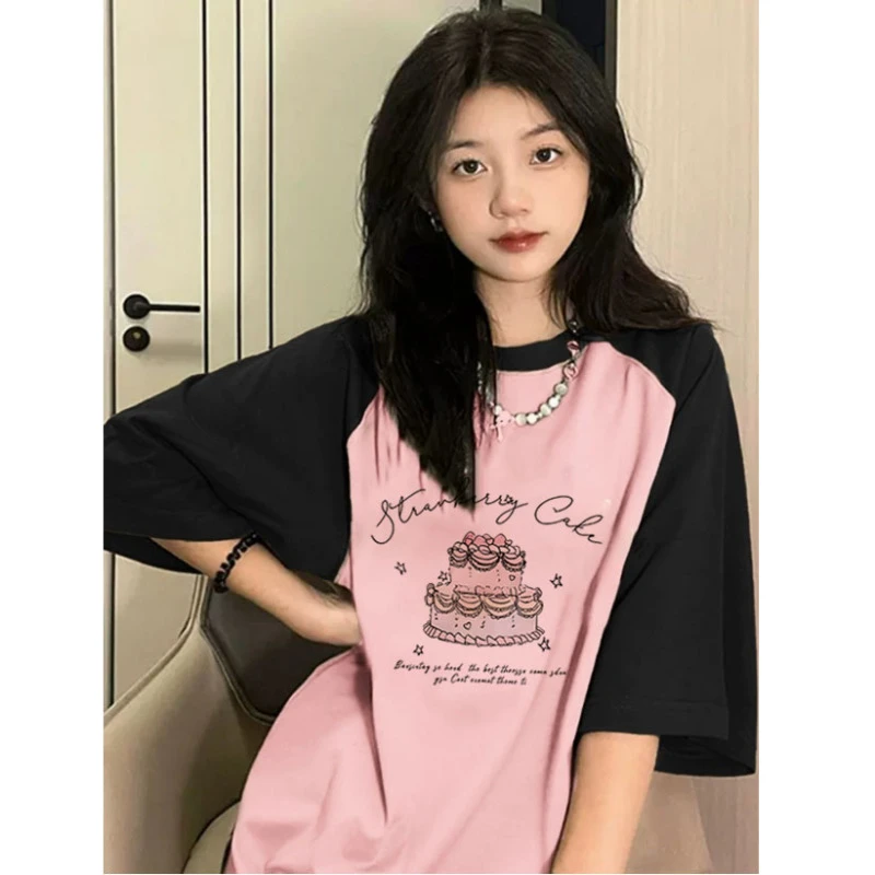 夏季2025新款草莓蛋糕插肩袖短袖纯棉T恤女遮肉黑拼粉色圆领上衣