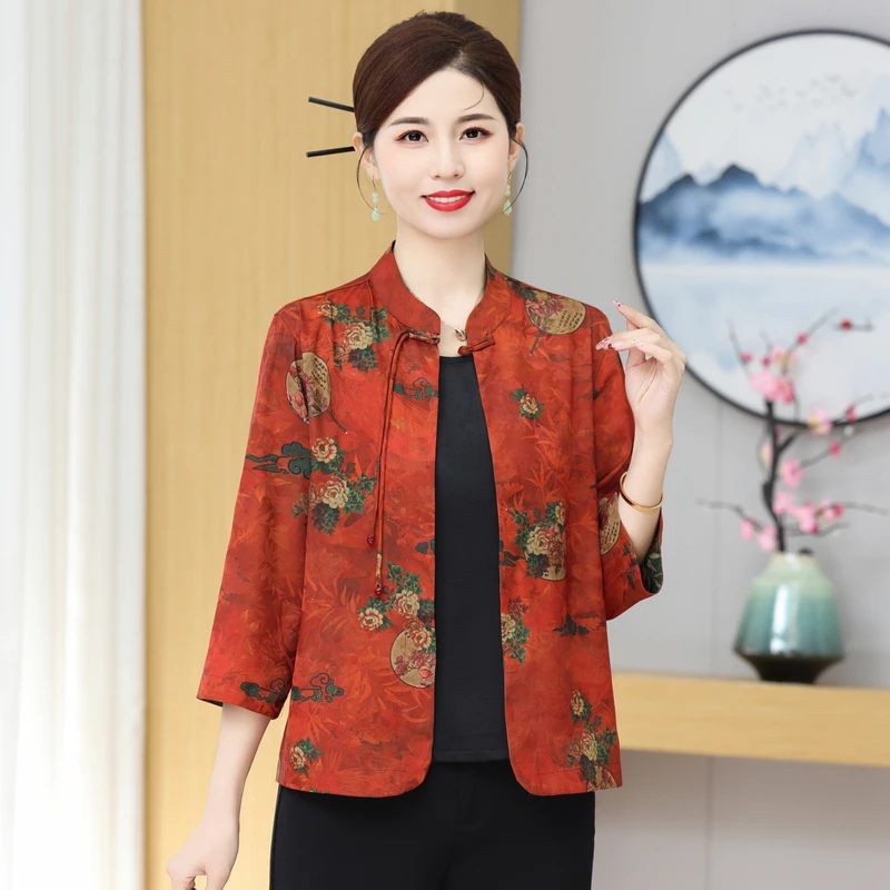 新中式外套女2025春夏新款妈妈中老年复古国风盘扣七分袖开衫薄款