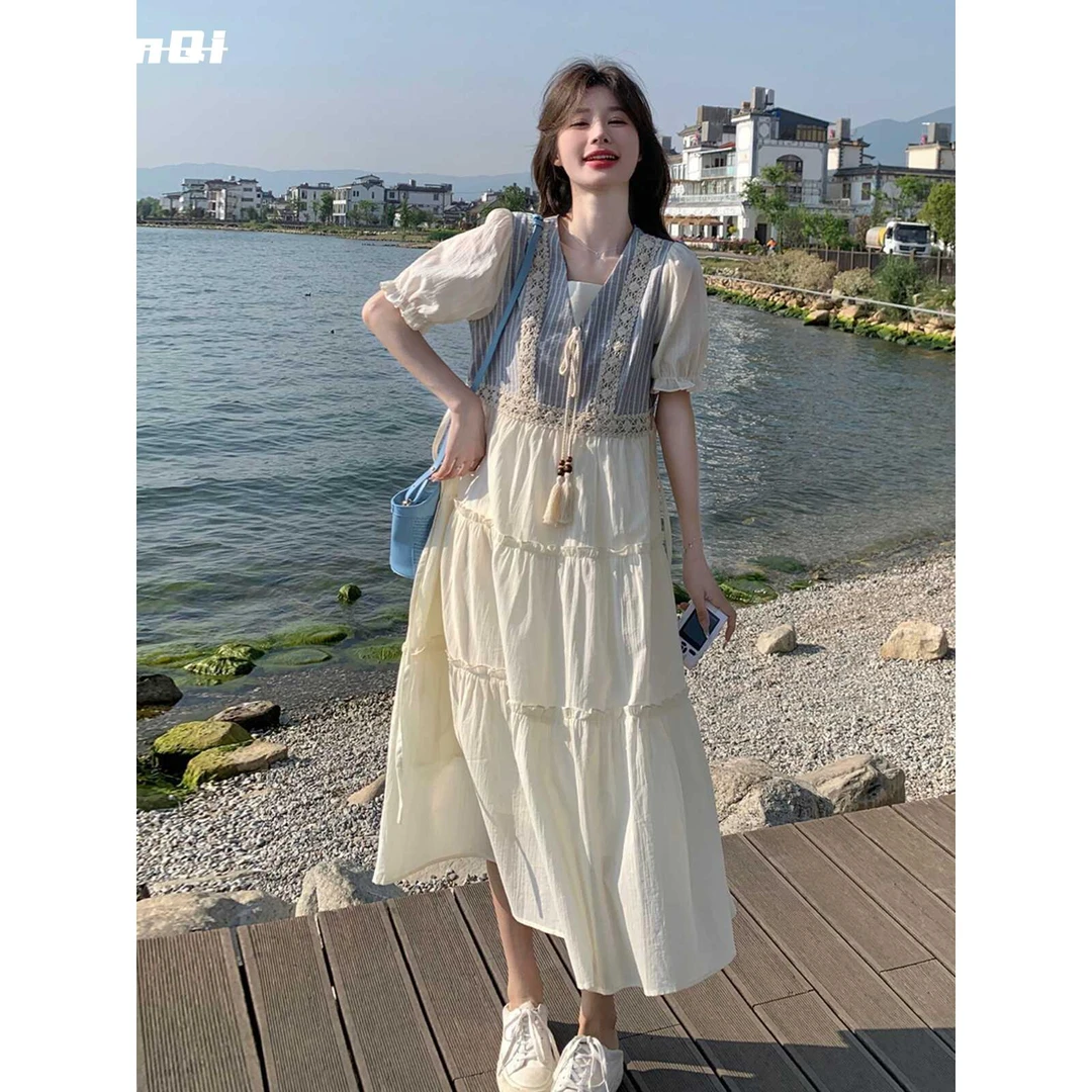 淳启米白色假两件连衣裙夏女新款法式温柔风条纹马甲拼接茶歇长裙