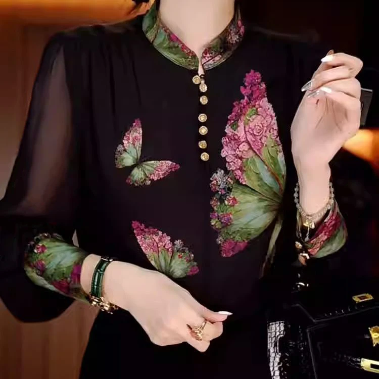 时尚洋气蝴蝶印花宽松立领衬衫女士2025春季新款显瘦长袖气质上衣