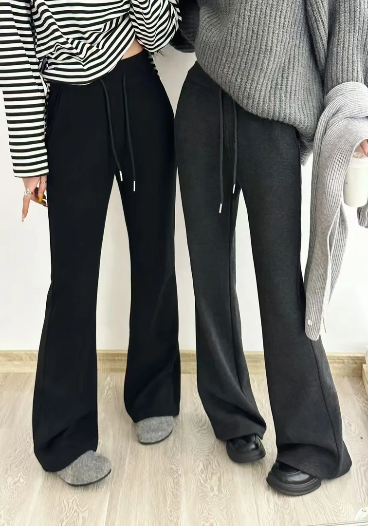 加绒微喇休闲拖地裤女欧洲站2024冬季时尚高腰系带显瘦百搭喇叭裤