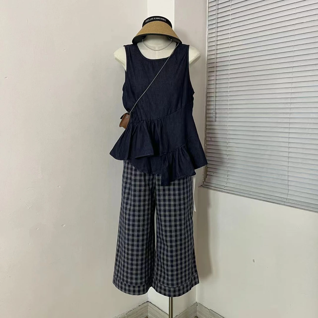 keke定制韩国东大门夏季新款时尚显瘦简约休闲牛仔格子九分裤套装