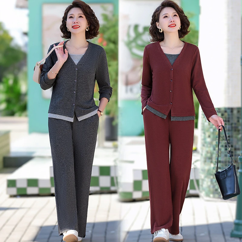 妈妈运动套装女春秋2025新款时尚洋气中年女装假两件针织衫两件套