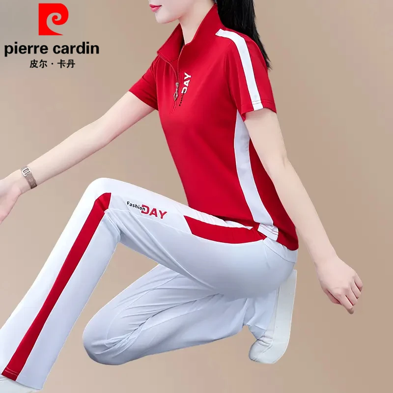 皮尔卡丹女士休闲新款运动服女套装中年妈妈夏装广场舞服冰丝短袖