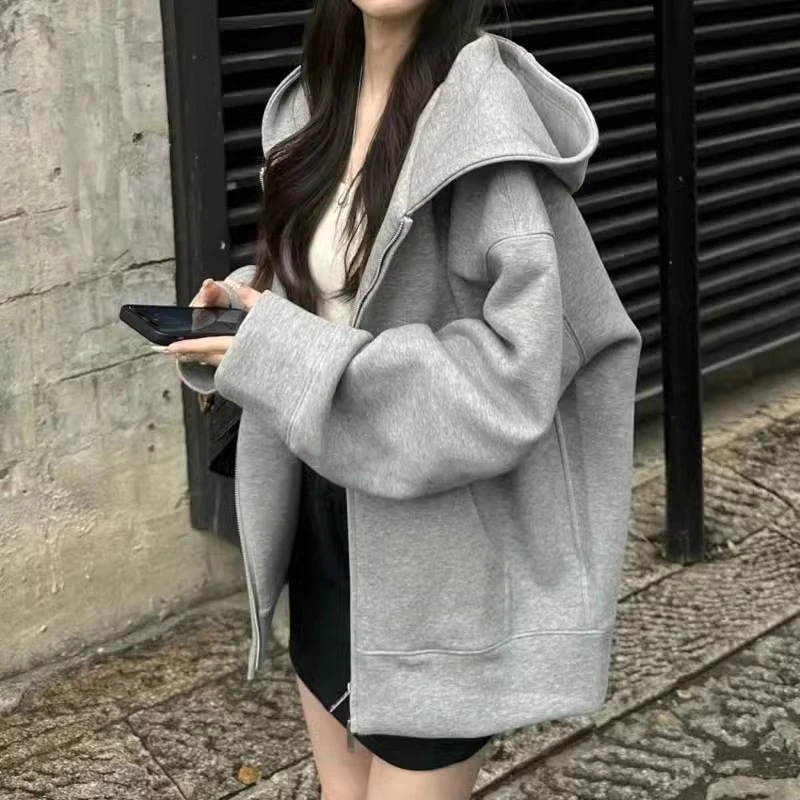 180高个子175加长灰色连帽卫衣女春秋外套韩系宽松慵懒风开衫上衣