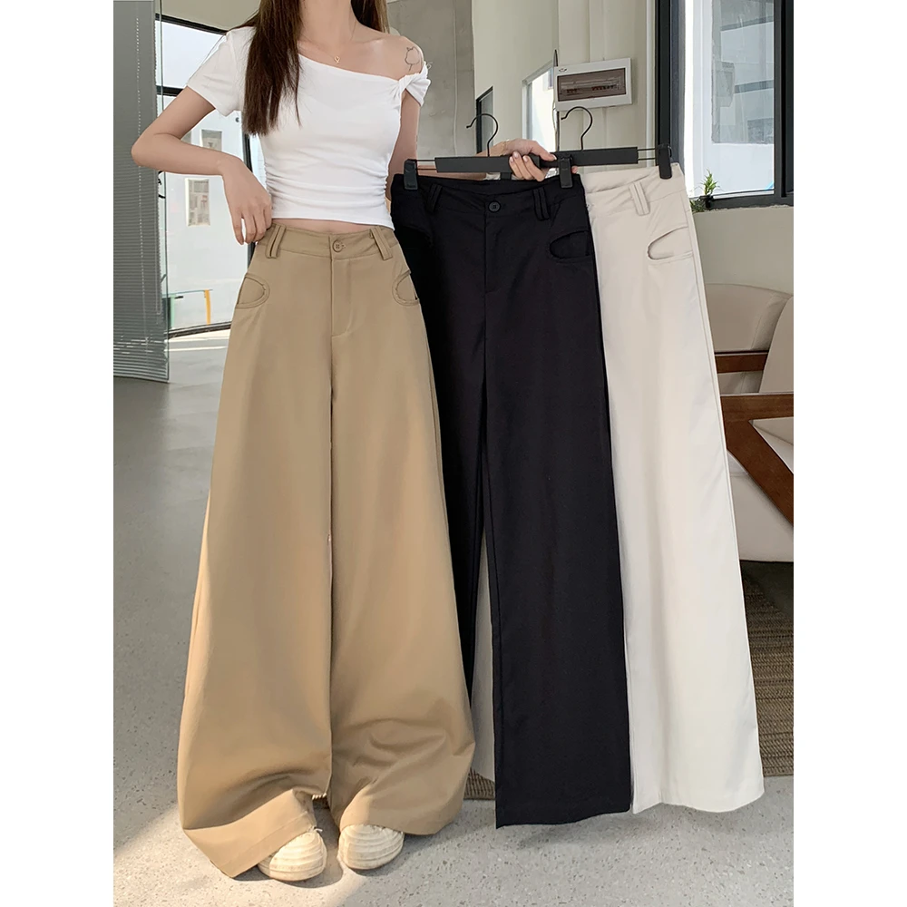 卡其色垂感西装裤女夏季高腰直筒宽松阔腿裤子百搭休闲拖地裤长裤