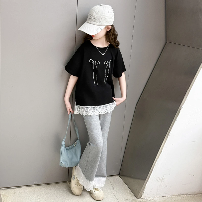 女童夏季套装2025新款女大童花边T恤儿童时尚小女孩喇叭裤两件套