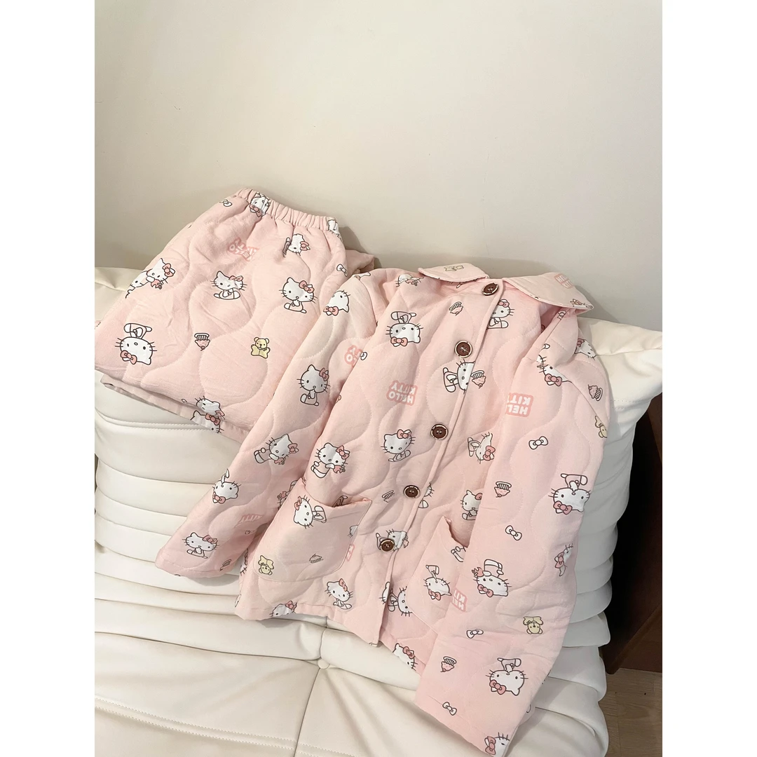 【奶芙kitty】可爱省服卡通夹棉睡衣秋冬加厚保暖套装外穿家居服