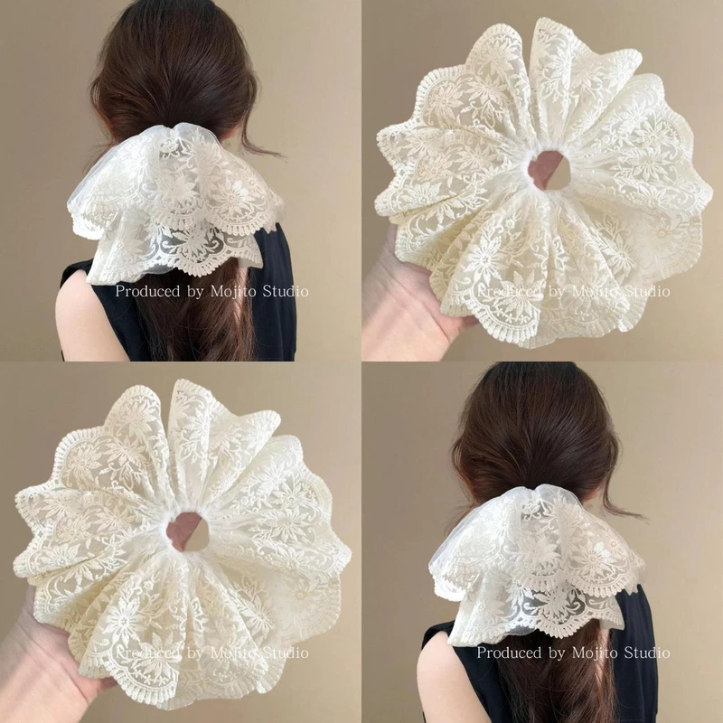 白色茉莉~韩系公主风蕾丝网纱大肠发圈女2025新款高级感旅行皮筋！