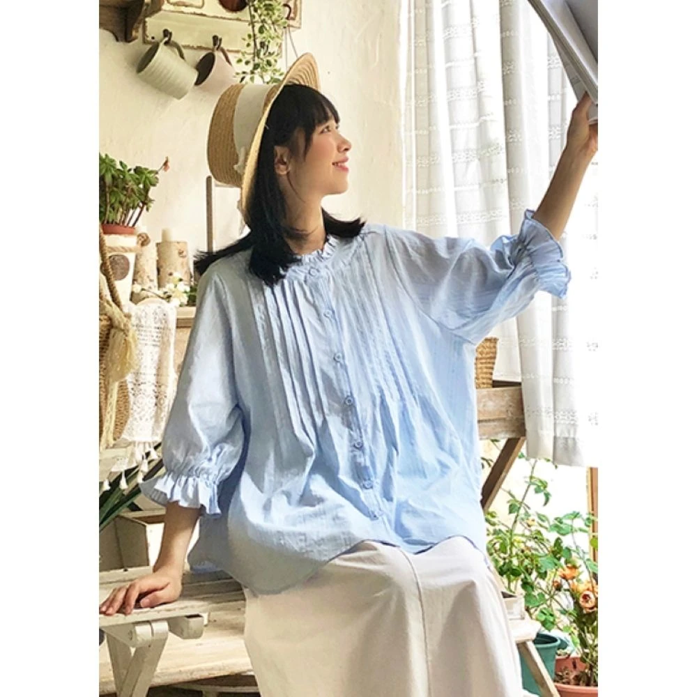 温柔系炸街奶乖泡泡袖宽松气质衬衫显瘦衬衣白色时尚小众褶皱