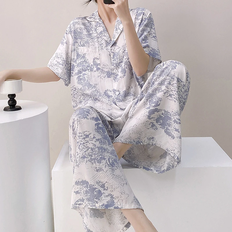 新款夏季棉绸短袖睡衣女薄款家居服日系网红爆款高级感人造棉套装