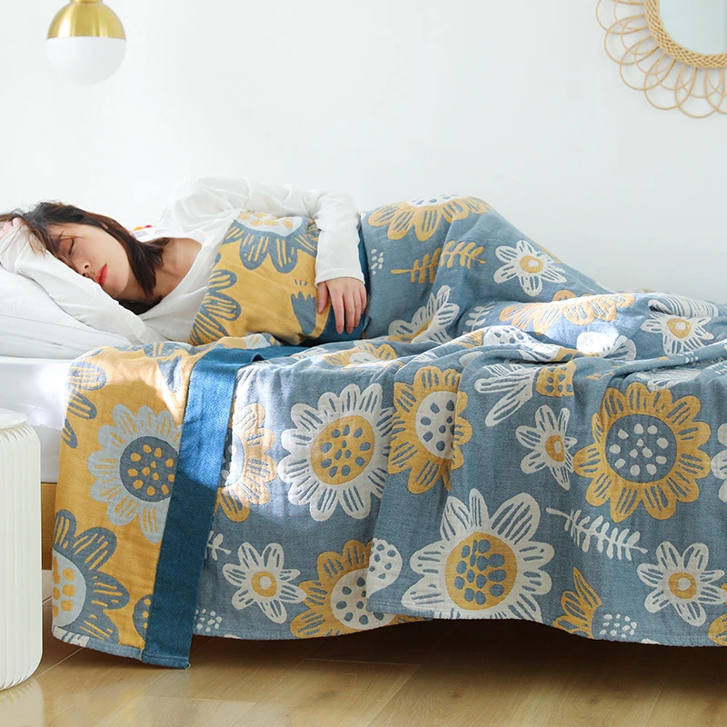 【京かわ会社】五层纯棉毛巾被白底蓝色向日葵