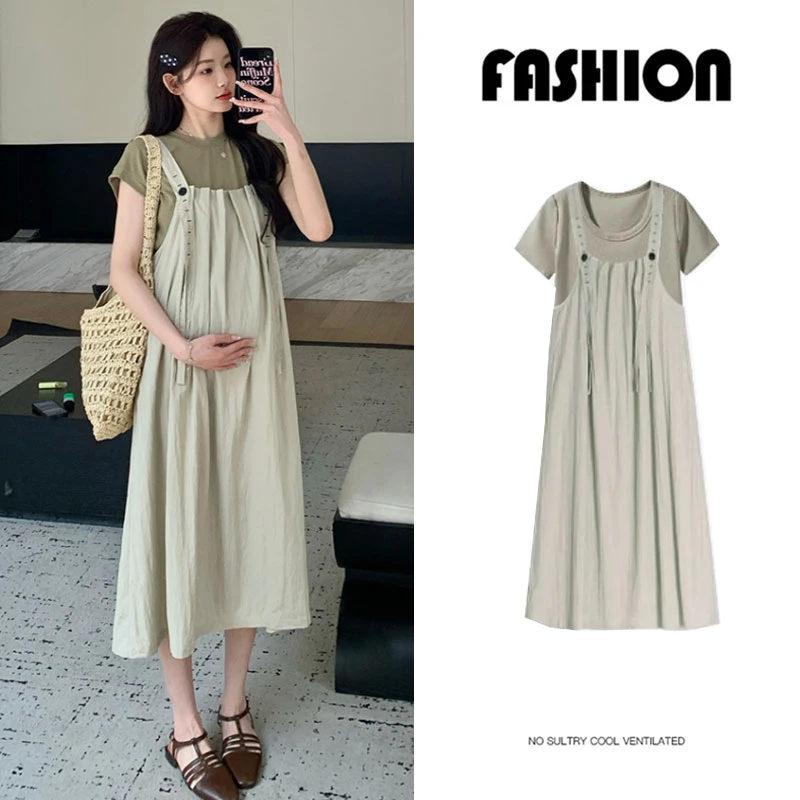 孕妇装2025夏季新款韩版时尚赫本风气质显瘦减龄上衣连衣裙两件套