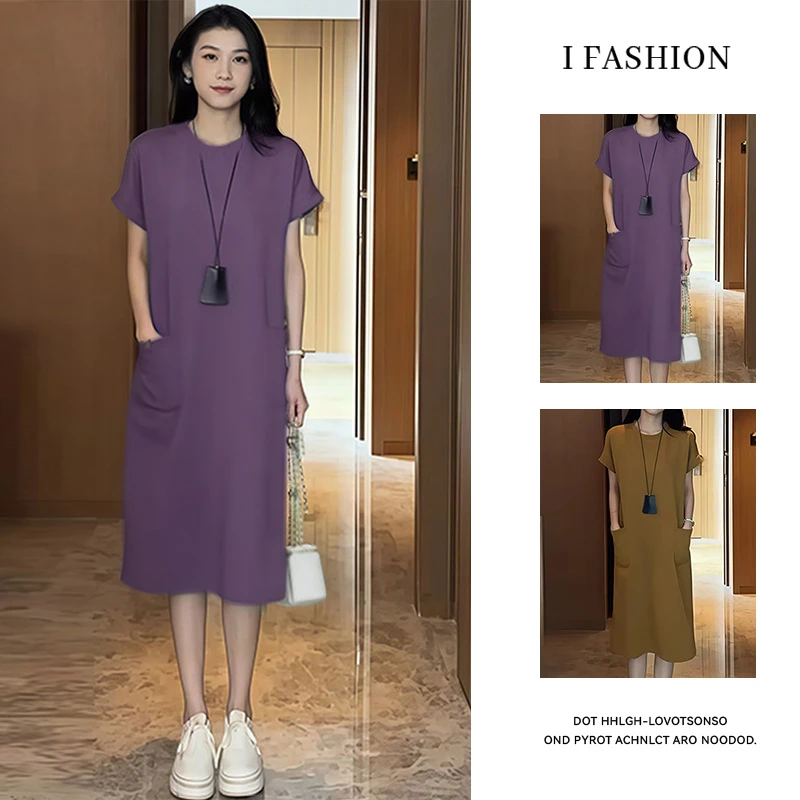 高含棉韩版时尚百搭连衣裙女2025年夏季新款宽松显瘦纯色短袖裙子