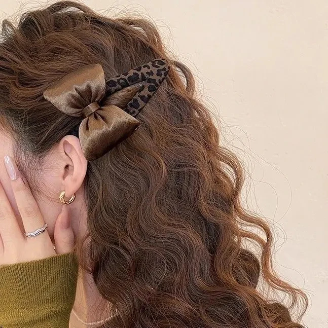 韩系丝绒蝴蝶结豹纹发夹边夹侧边发卡前额刘海夹子新款可爱头饰女