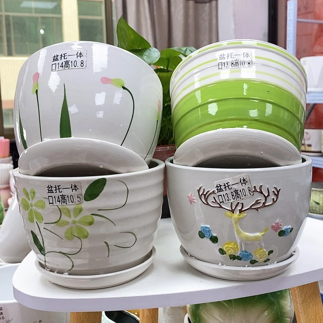 陶瓷@陶瓷花盆@@四个手绘
