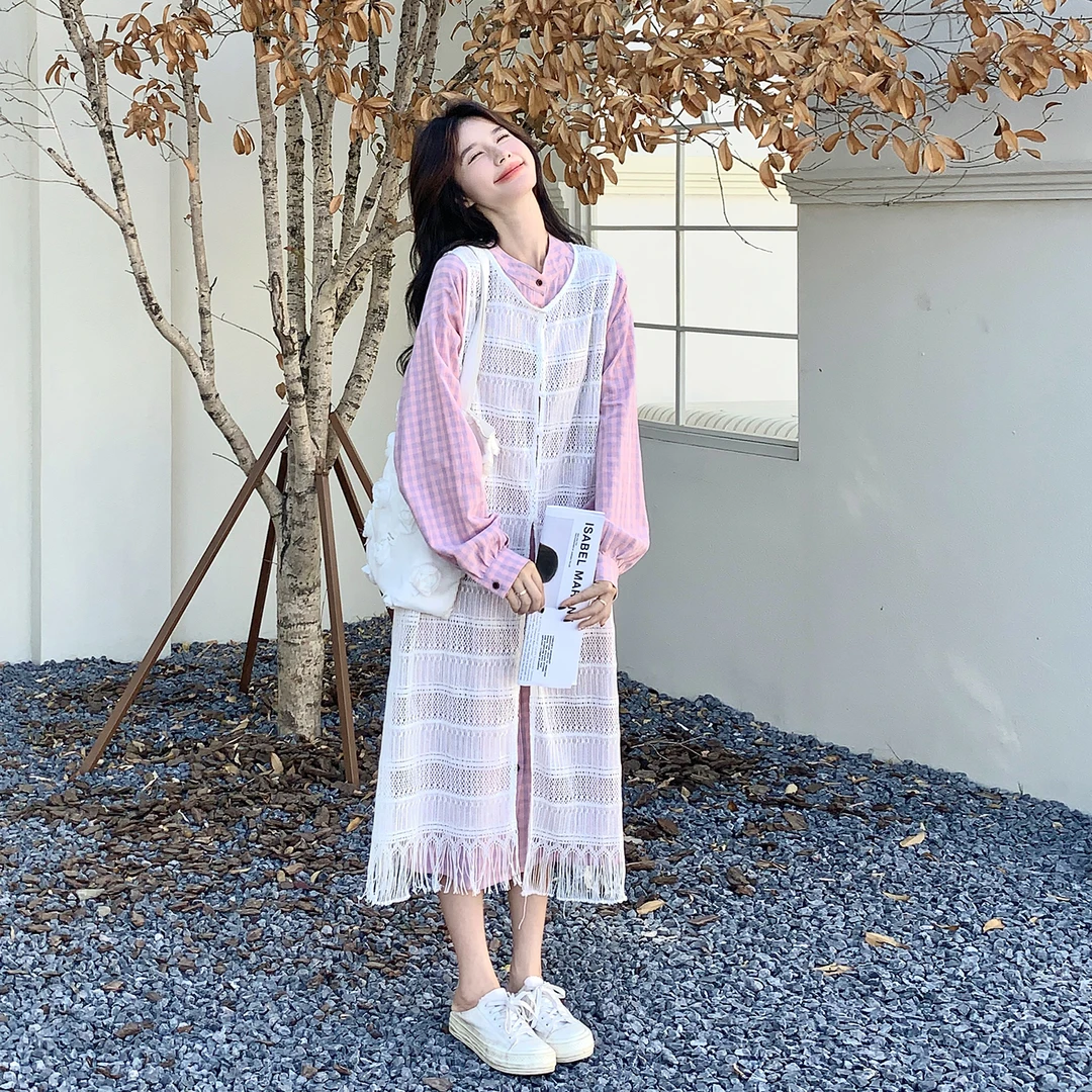 韩系粉色温柔风早秋穿搭套装女2025新款镂空罩衫格子衬衫裙两件套