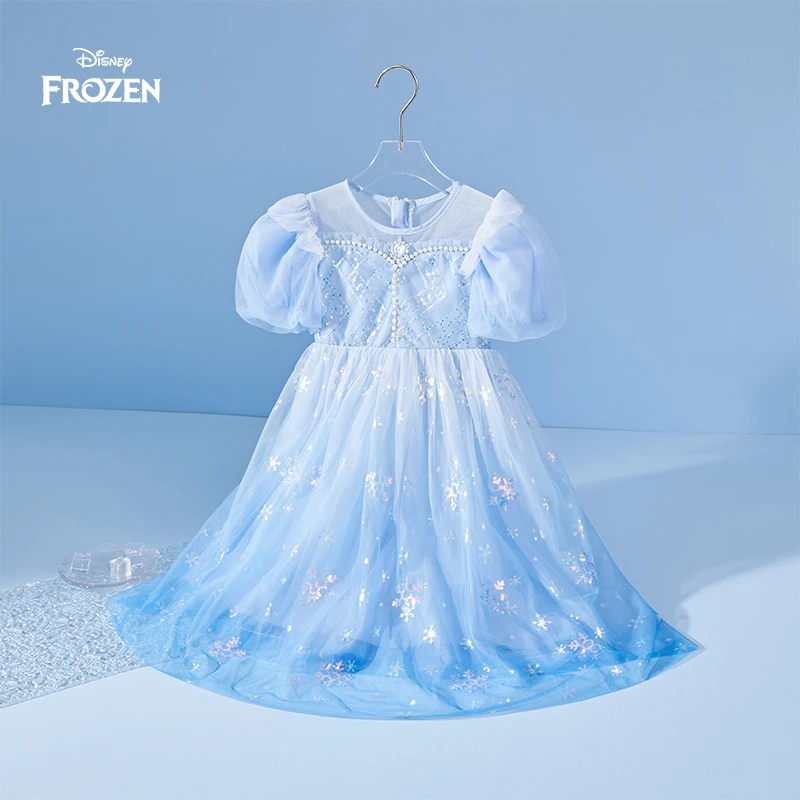 Disney/迪士尼冰雪奇缘艾莎夏季女童连衣裙蓝色公主裙洋气女宝