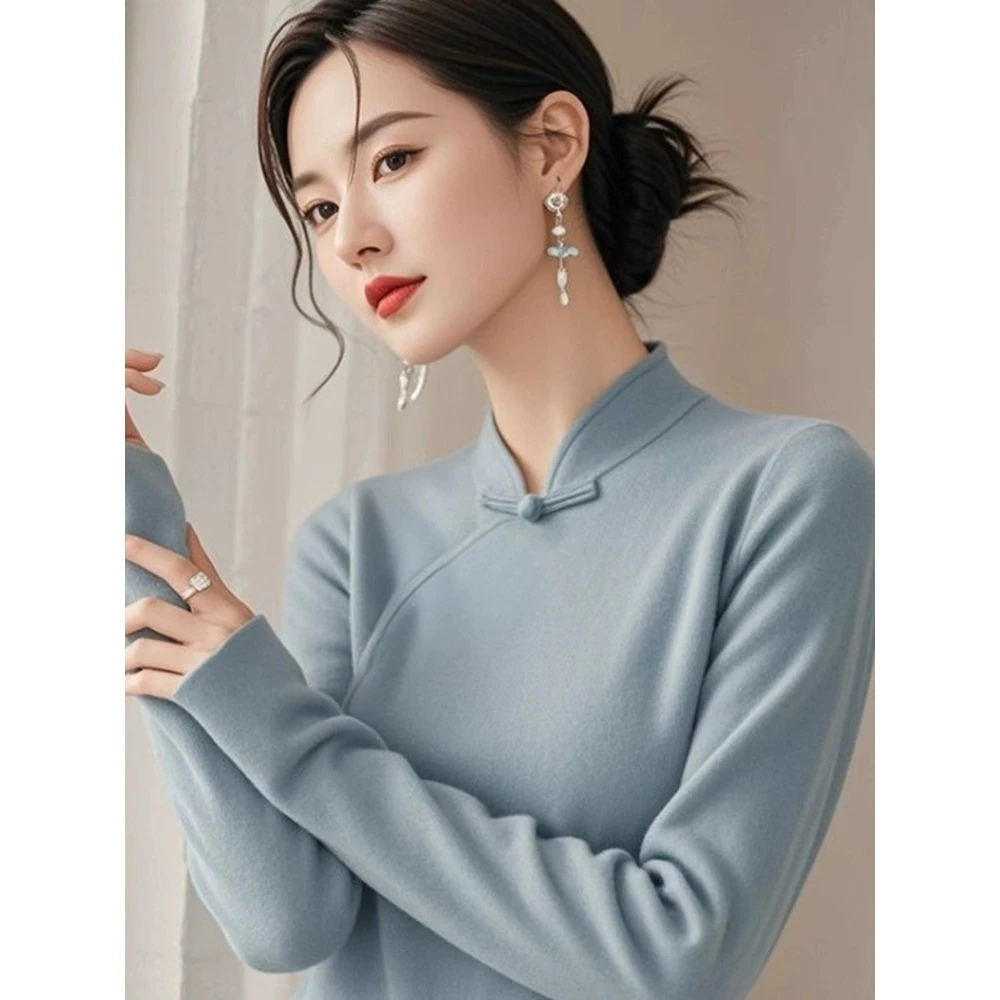 新中式国风蓝色盘扣内搭针织衫女2024秋季新款超好看长袖立领上衣