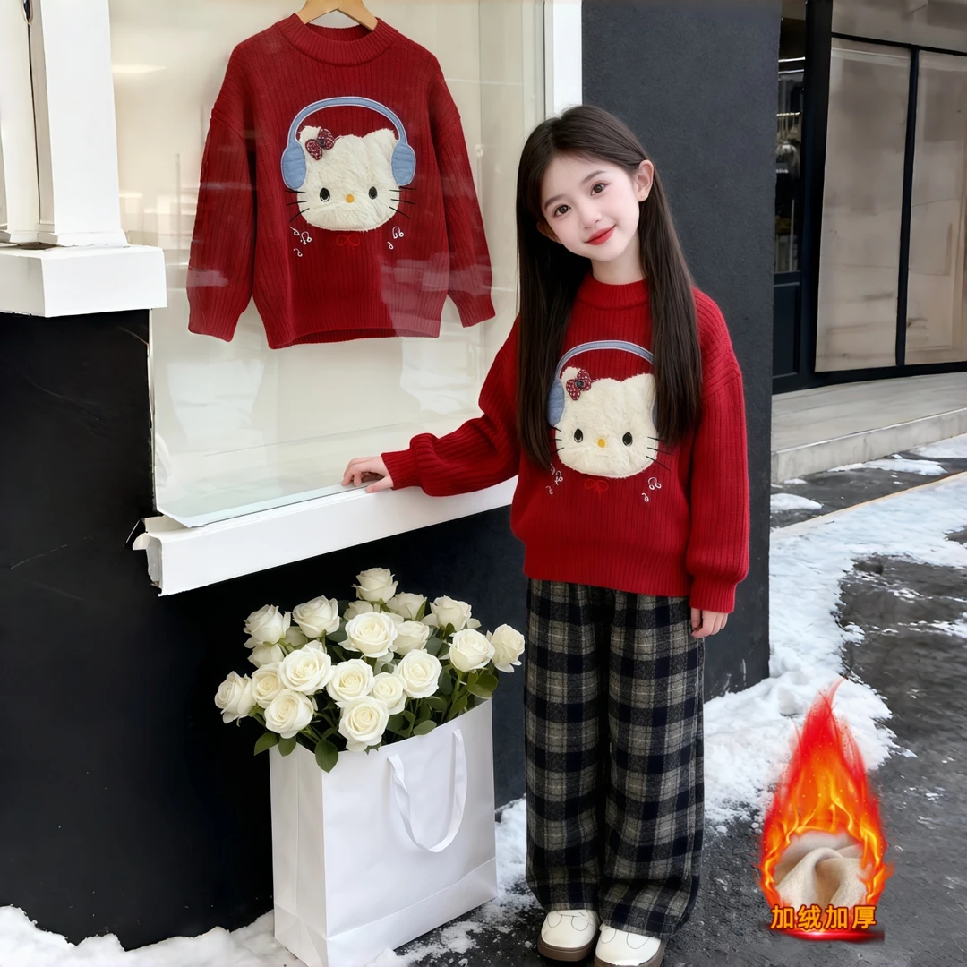 超显白高级感新年红色慵懒风毛衣女童冬季新款喜庆加绒打底针织衫