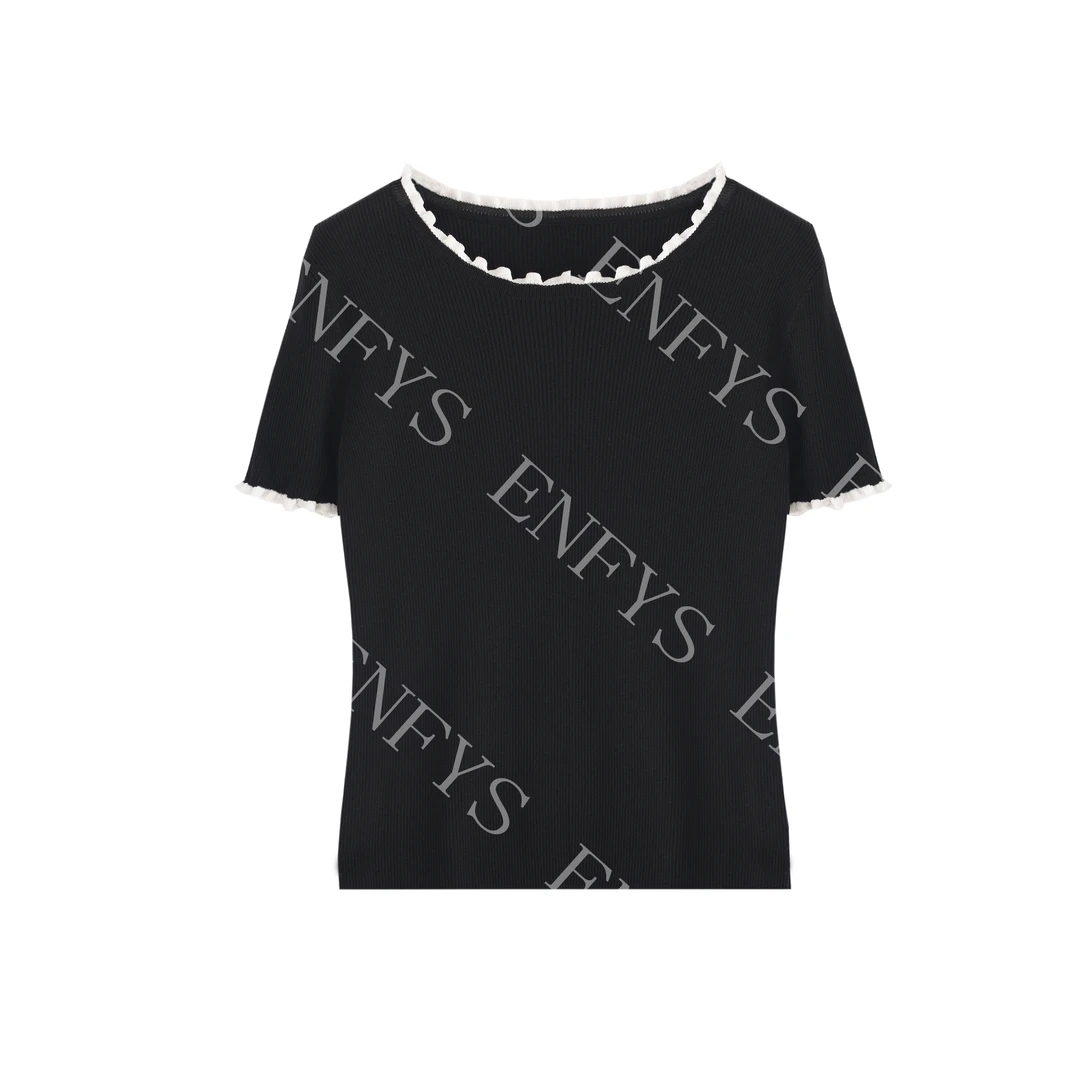 【双姐】木耳边天丝圆领针织短袖上衣夏轻薄款T恤25045