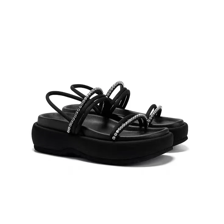 【乔欣同款】2025新款百搭厚底凉鞋法式水钻一字扣罗马凉鞋7645