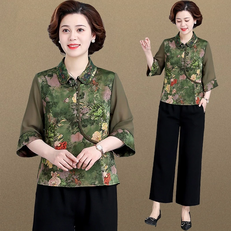 中年妈妈夏装冰丝短袖T恤上衣洋气中老年人女春夏新中式国风套装