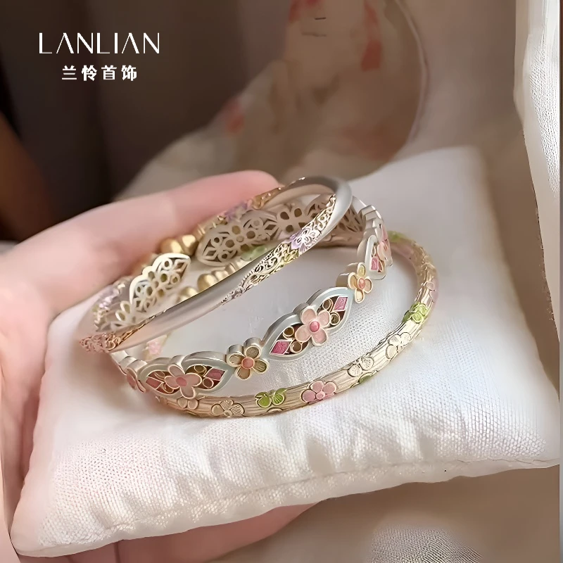 925银手镯 手工珐琅彩繁花手镯女复古精致气质时尚七夕情人节礼物